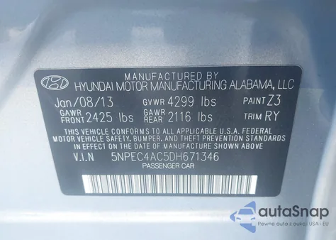 2013 Hyundai Sonata Se z USA, uszkodzony, nr VIN 5NPEC4AC5DH671346